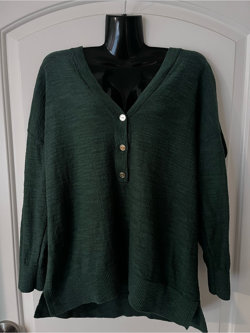 LOFT Dark Green V-Neck Button-Front Sweater